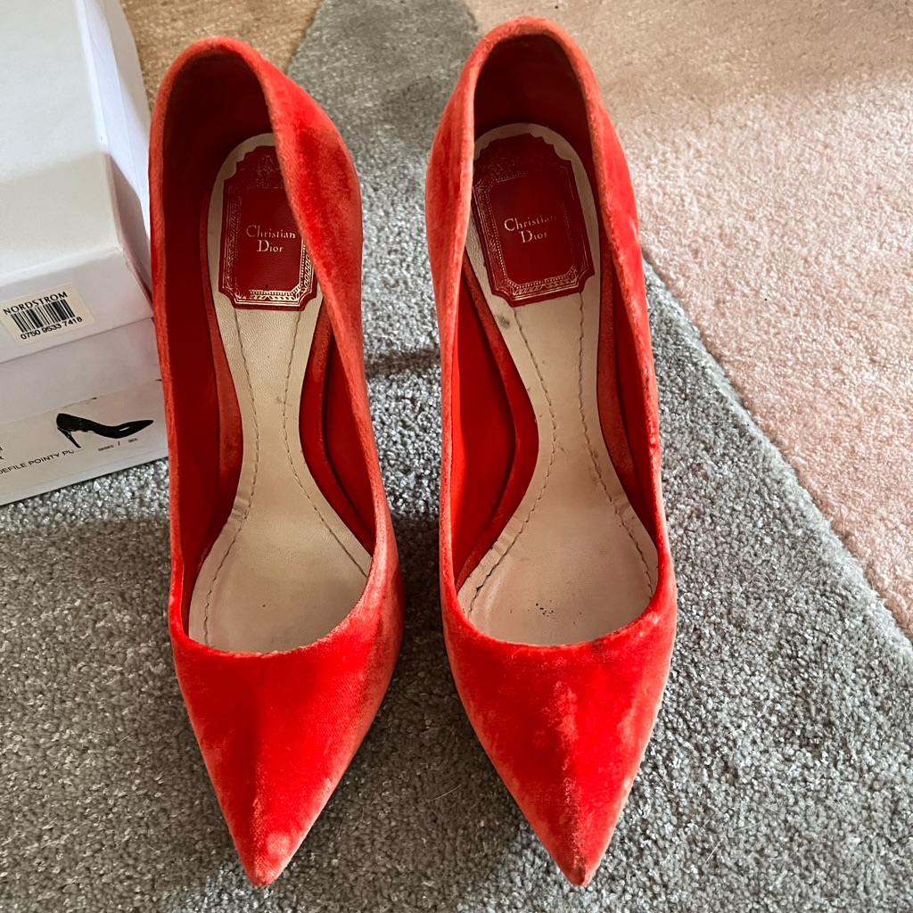 Christian Dior by Raf Simons neon orange crushed velvet pointed toe heels 